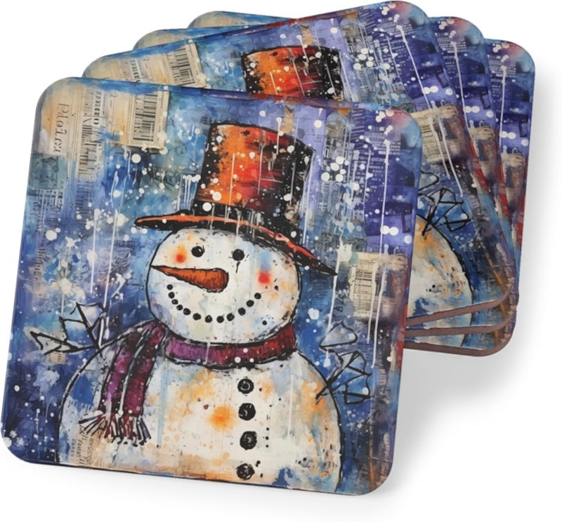 مجموعة قواعد أكواب خشبية أنيقة مكونة من أربع قطع بتصميم رجل الثلج لعيد الميلاد - قواعد أكواب خشبية لطيفة للمشروبات الشتوية لتزيين العطلات - قواعد أكواب خشبية أنيقة ومقاومة للحرارة والماء، رقم المنتج: Coaster-209